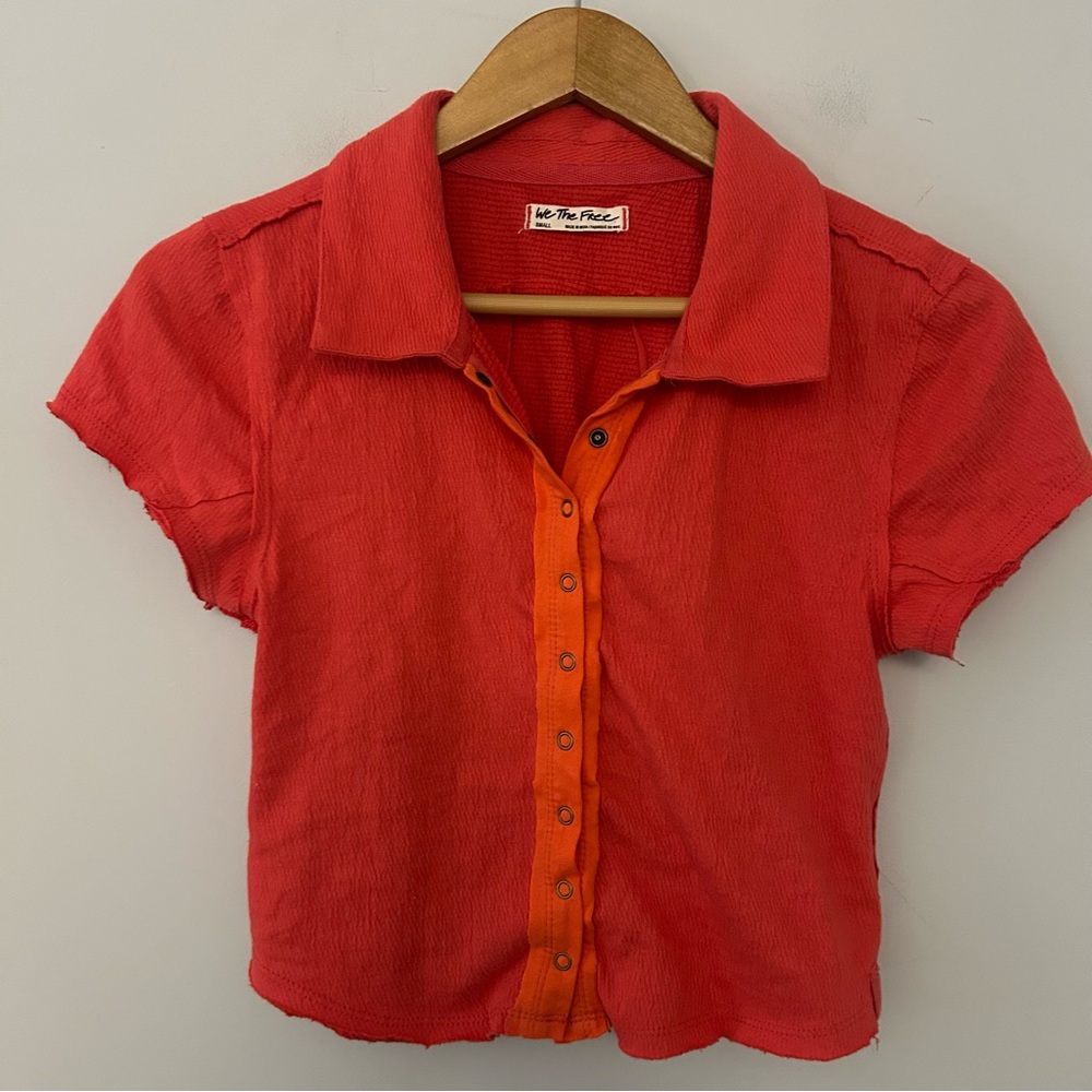 Free People We The Free Fifi Polo Shirt Cropped Top Buttondown - Picture 2 of 5